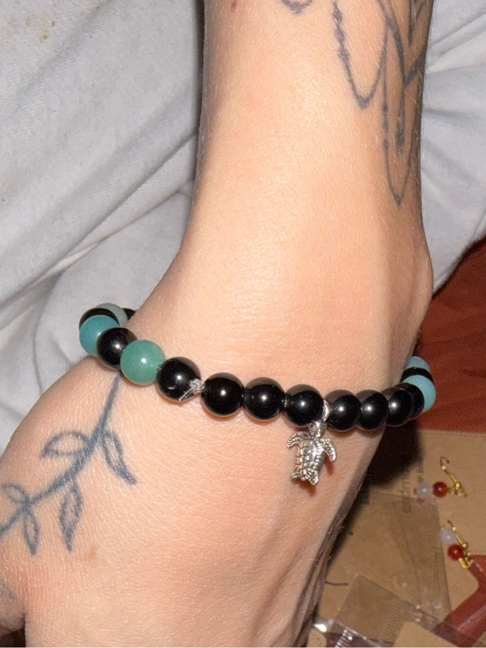 Handmade natural obsidian/amazonite Beaded Stretch Bracelet with turtle charm